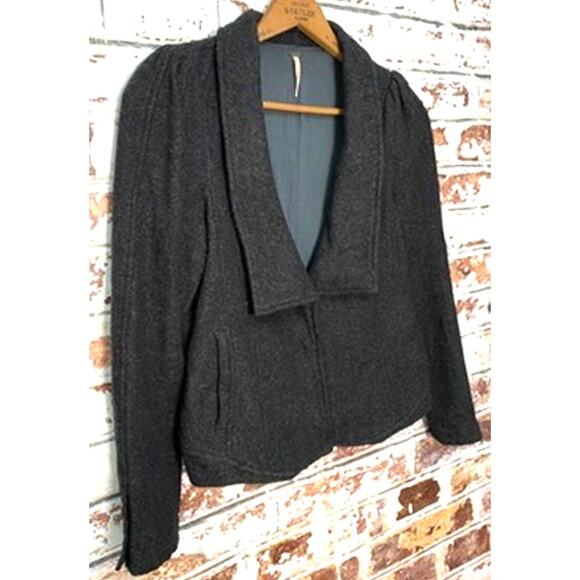 Free People Charcoal Gray Herringbone Gathered Puff Shoulder Wool Blend Jacket - Picture 7 of 16